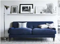  ??  ?? deeply dippy: Above, large George sofa in Blakeney Blue, from €2,400; Penelope Holt stripe cushion, €56; and, right, George headboard in Blakeney Blue, from €520; Cley navy stripe throw, €180, all part of Neptune range at Global Village, KCR, Kimmage,...