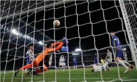  ?? Photograph: Tom Jenkins/The Guardian ?? Trevoh Chalobah scores the opening goal for Chelsea in their victory against Juventus at Stamford Bridge.