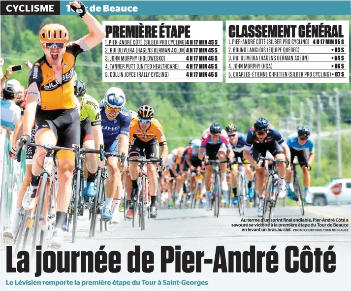  ?? PHOTO COURTOISIE TOUR DE BEAUCE ?? Au terme d’un sprint final endiablé, Pier-André Côté a savouré sa victoire à la première étape du Tour de Beauce en levant un bras au ciel.