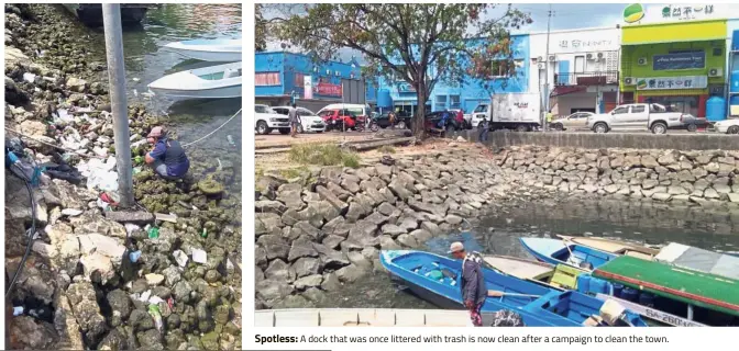  ??  ?? Cleaning the filth: A cleaner picking litter of plastics and other rubbish in Semporna during a campaign to clean the town over the past week. Spotless: A dock that was once littered with trash is now clean after a campaign to clean the town.