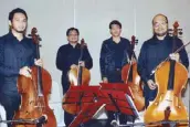  ??  ?? (From left) Cellists Giancarlo Gonzales, Giuseppe Andre Diestro, former FCCP scholar Olan Guerrero and former FCCP beneficiar­y Gerry Gonzales.