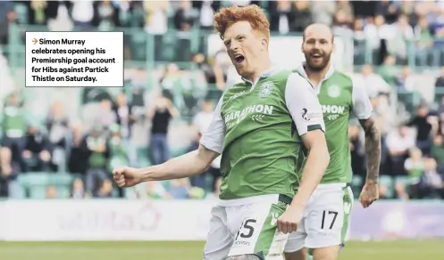  ??  ?? 3 Simon Murray celebrates opening his Premiershi­p goal account for Hibs against Partick Thistle on Saturday.