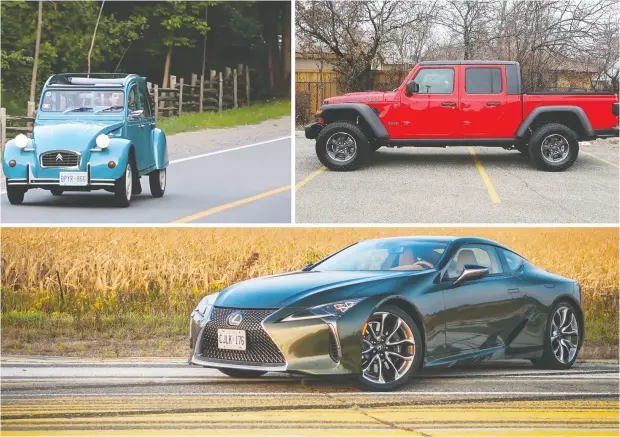  ?? Clayton Seams / Jil mcintosh / nick tragianis / Driving.ca ?? The Citroen 2CV, top left, Jeep Gladiator, top right, and Lexus LC 500 were all chosen as favourite vehicles driven in 2020.