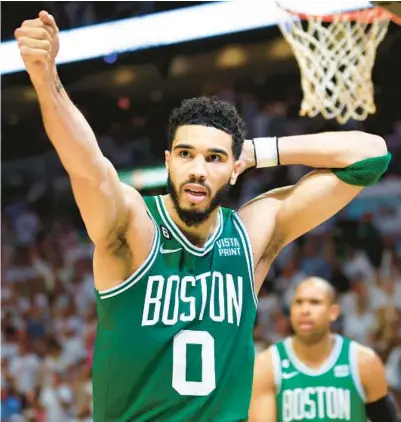  ?? MIKE EHRMANN/GETTY ?? Jayson Tatum and the Celtics head into Monday’s Game 7 of the Eastern Conference finals having won three straight.