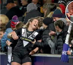  ?? GETTY IMAGES ?? Brianna Clark enjoys New Zealand’s World Cup semifinal win over England with crowd members. Inset, Mele Hufanga was named player of the match, adding bite to the Kiwi Ferns’ attack from centre.