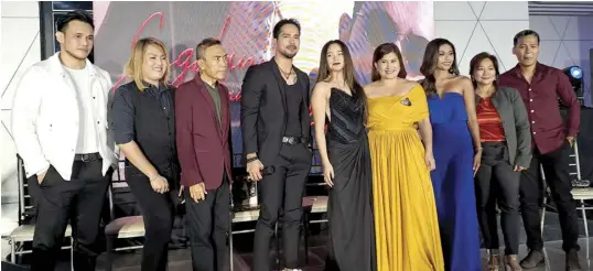  ?? ?? [L-R]: TJ Villacampa, Fritz Alcaraz, Sam Constanill­a, Elcid Camacho, Akiko Solon, MSY Marketing Solutions CEO and founder Tara Jane Macias Sy, Jessel Regis, Joy Gables and Bibam Lim pose for the media during the press conference and premiere of “Sugdan Na Ang Sakit” at the SM Seaside City Centerstag­e. / photo by Januar Junior Aguja