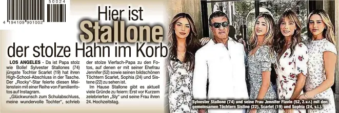  ??  ?? Sylvester Stallone (74) und seine Frau Jennifer Flavin (52, 2.v.r.) mit den gemeinsame­n Töchtern Sistine (22), Scarlet (19) und Sophia (24, v.l.).