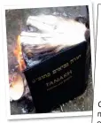  ?? ?? UP IN FLAMES: Shneur Odze, top, and the ‘bible’ he set fire to. Right: His Twitter post