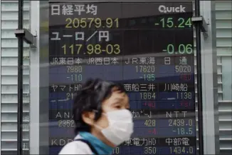  ??  ?? A masked woman walks past an electronic stock board showing Japan’s Nikkei 225 index at a securities firm in Tokyo Thursday, May 21, 2020. Asian stock markets were mixed after Wall Street rose amid Chinese trade tension with Washington and Australia. Investors looked ahead to Friday’s meeting of China’s legislatur­e for details of
possible new steps by Beijing to stimulate its virus-battered economy. (AP)