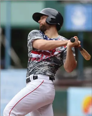  ?? Photo by Louriann Mardo-Zayat / lmzartwork­s.com ?? PawSox first baseman Sam Travis launched his fourth home run of the season in the fifth inning to help the PawSox claim a 6-1 victory over visiting Lehigh Valley Monday afternoon. Pawtucket now heads out on the road for a six-game road trip that will...