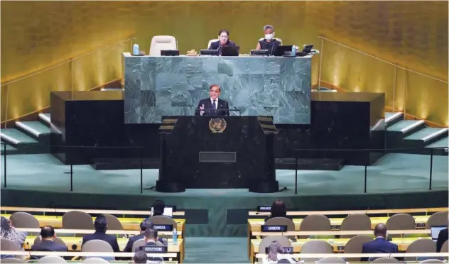  ?? ?? Shahbaz Sharif speaks at the 77th session of the United Nations General Assembly in New York on Friday.