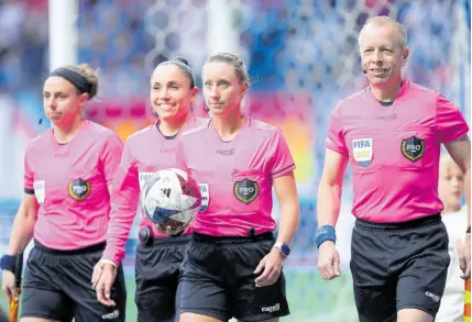  ?? AP ?? Referee Tori Penso (second from right); fourth official Felisha Mariscal (second from left); and assistant referees Brooke Mayo (left), and Corey Rockwell (right), walk onto the field before the Vancouver Whitecaps and Colorado Rapids played in an MLS football match on April 29, 2023, in Vancouver, British Columbia.