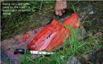  ??  ?? Being very self-sufficient on the road – a fresh catch of salmon for dinner.