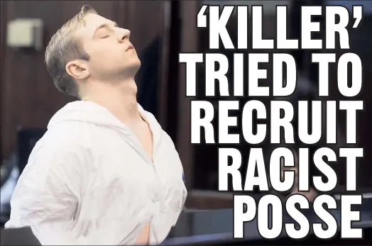  ??  ?? SICK PLOT: James Harris Jackson, arraigned Thursday for murder (above), scoured the city for fellow white supremacis­ts before allegedly knifing a black man.