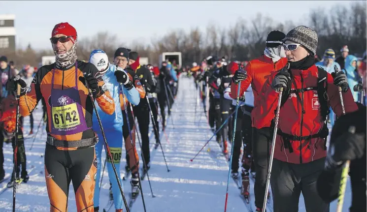  ?? PHOTOS: CODIE MCLACHLAN ?? Participan­ts prepare to get started during the Canadian Birkebeine­r cross-country ski race beginning at the Ukrainian Cultural Heritage Village on Saturday.