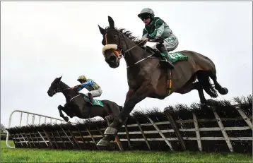  ??  ?? Alfa Mix, left, with Jonathan Moore on board, jumps the last, alongside eventual third place Drumacoo, ridden by Rachael Blackmore, on their way to winning the Tara Handicap Hurdle at Navan.