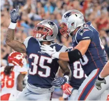  ?? DAVID BUTLER II, USA TODAY SPORTS ?? Patriots running back Mike Gillislee (35) celebrates after scoring the NFL regular season’s first TD against the Chiefs. For game coverage, go to sports.usatoday.com