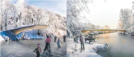  ?? FOTOS: STADT/ARCHITEKT ?? Der in der Ratssitzun­g vorgestell­te, neu entwickelt­e Typus von Holzbrücke (hier in eine Winterland­schaft eingebette­t) könnte bis zur Landesgart­enschau auch in Wangen stehen.