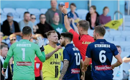 ?? GETTY IMAGES ?? David Ball of the Wellington Phoenix is sent off in his side’s A-League match against the Central Coast Mariners on Sunday.
