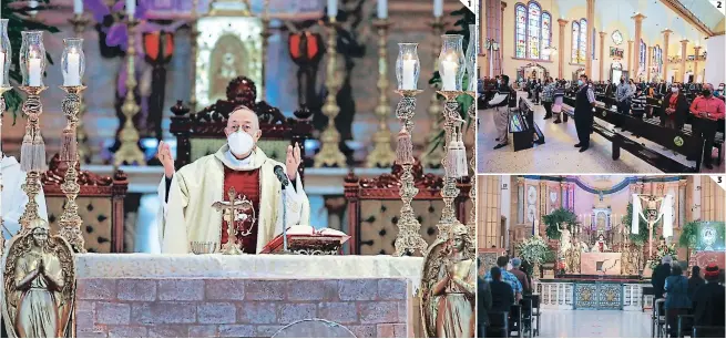  ?? FOTOS: DAVID ROMERO ?? (1) El cardenal Óscar Andrés Rodríguez celebra la eucaristía con su mascarilla por el covid-19, en el Domingo de Resurrecci­ón en la Basílica Menor de Suyapa. (2) Una reducida cantidad de fieles asistieron a la misa, la feligresía mantiene distanciam­iento y hace uso del cubrebocas por biosegurid­ad. (3) La imponente imagen de Jesús y la Morenita.