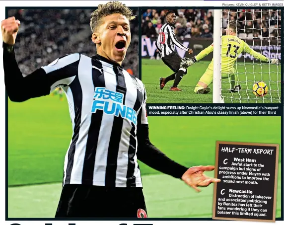  ??  ?? WINNING FEELING: Dwight Gayle’s delight sums up Newcastle’s buoyant mood, especially after Christian Atsu’s classy finish (above) for their third