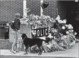  ?? ANDREW VAUGHAN/THE CANADIAN PRESS ?? A mourner places flowers Saturday at a makeshift memorial outside the police station in Fredericto­n, New Brunswick. Two Canadian police officers were among four people killed.