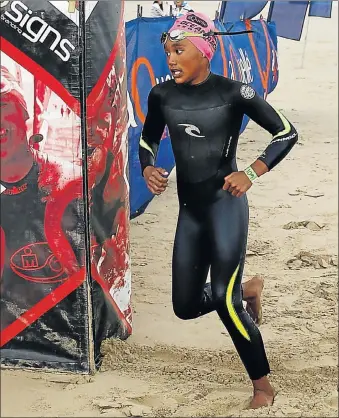  ?? Picture: MICHAEL SHEEHAN ?? NEW STAR: At just 10 years of age, Tiara Finnis, of Morningsid­e, is one of the finds of this season of the aQuellé Ocean Racing Series, excelling in the 400m ocean swim discipline