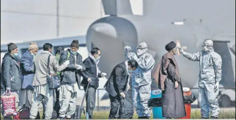  ?? PTI ?? Indian nationals being screened at the airbase after they were evacuated from coronaviru­s-hit Iran at Hindon airport on Tuesday.