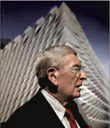  ?? Los Angeles Times ?? ELI BROAD and a rendering of the Broad museum. He envisioned Grand Avenue as downtown’s Champs-Élysées. It isn’t.