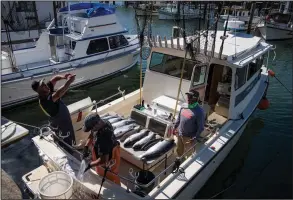  ?? (Bloomberg (WPNS)/Paul Morris) ?? Fishermen stand beside recently caught salmon at Fisherman’s Wharf in San Francisco in July.