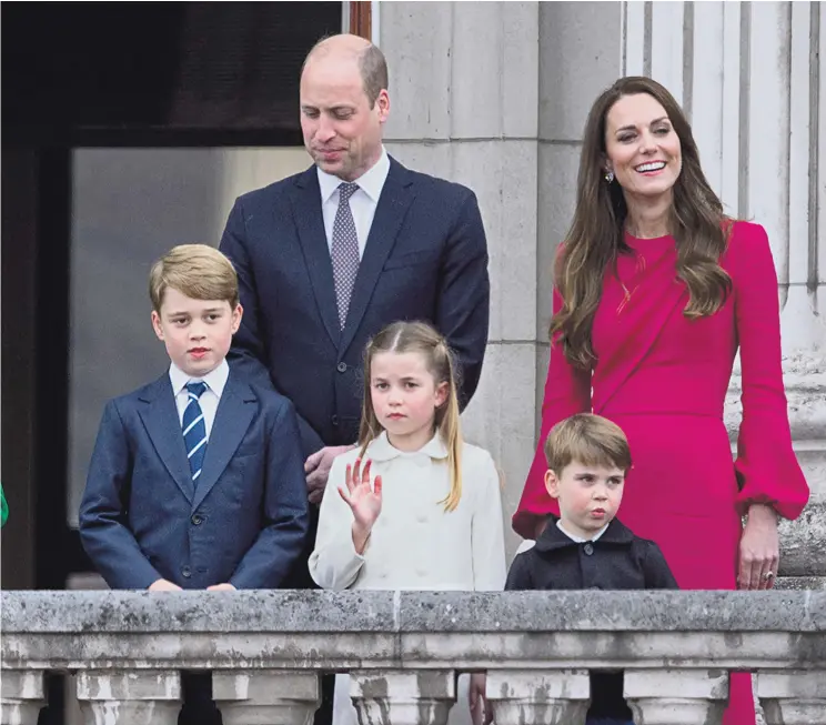  ?? ?? Her Majesty joined the next three generation­s of monarchy on Buckingham Palace’s balcony yesterday