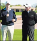  ??  ?? J. Rick Martin Hall of Fame architect Rees Jones, left, talks with Butch Harmon, the world’s top golf instructor as voted by his peers in Golf Digest, at the VIP grand re-opening of Rio Secco Golf Club in Henderson.