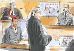  ?? ALEXANDRA NEWBOULD / THE CANADIAN PRESS ?? Umar Zameer, shown in this courtroom sketch at bottom
left, has pleaded not guilty to first-degree murder.