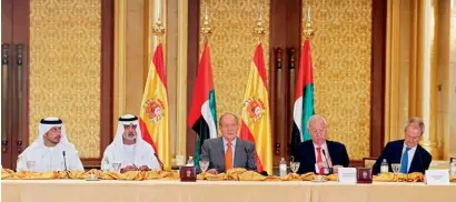  ?? KT photo by Nezar Balout ?? Shaikh Sultan bin Tahnoun Al Nahyan, Chairman of Abu Dhabi Transport Department and Chairman of Abu Dhabi Tourism and Culture Authority, Shaikh Nahyan bin Mubarak Al Nahyan, King Juan Carlos of Spain and other guests at the UAE-Spain Economic Forum in...