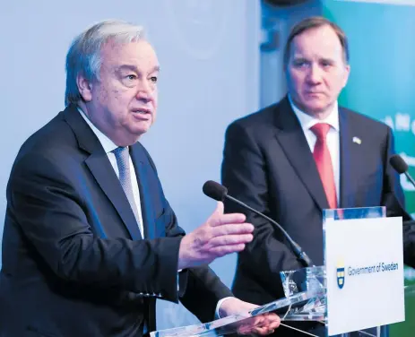  ??  ?? FN:S generalsek­reterare António Guterres tillsamman­s med statsminis­ter Stefan Löfven (S) under en presskonfe­rens i Rosenbad 2018. Foto: Tt/arkiv