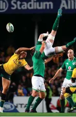  ?? BRENDAN MORAN/SPORTSFILE ?? Peter O’Mahony is tackled in the air by Israel Folau, who has been cited for the incident