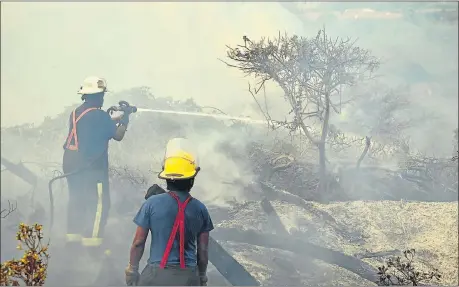  ?? Picture: EUGENE COETZEE ?? UNDER CONTROL: Firefighte­rs take action to ensure flames do not flare up again