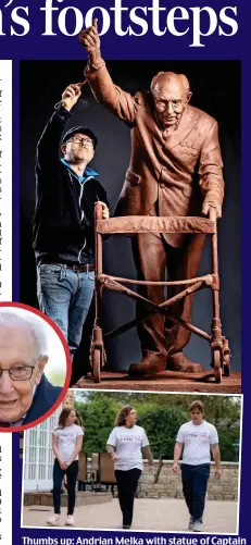  ??  ?? Thumbs up: Andrian Melka with statue of Captain Tom, inset. Above: His daughter Hannah (centre) and grandchild­ren in his garden yesterday