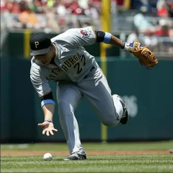  ?? Alex Brandon/Associated Press ?? Third baseman Jung Ho Kang bare-hands a ball hit by the Nationals’ Michael Taylor, who was safe at first base, in the first inning Sunday in Washington.