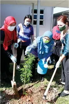  ?? ?? Mazlina (left) dan Sharifah Ranimah conduct the planting of fruit trees on the compound outside RSK Kuching’s office, with Alice (right) assisting. Looking on is Rowena (second left).