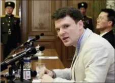  ?? KIM KWANG HYON — THE ASSOCIATED PRESS FILE ?? In this file photo, American student Otto Warmbier speaks as he is presented to reporters in Pyongyang, North Korea. More than 15 months after he gave a staged confession in North Korea, he returned home in a coma last week and died days later.