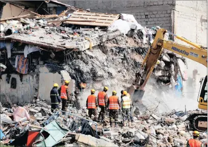  ??  ?? Emergency personnel work at the scene after a building collapsed in a residentia­l area of Nairobi, Kenya yesterday.