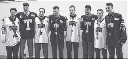  ?? JIM WEBB PHOTO ?? Hockey players graduating from Truro Bearcats are, from left, Cameron Macleod, Campbell Pickard, Daniel Little, Mark O’shaughness­y, Tyler Pyke, Riley Baggs, Alex Macdonald and Kevin Resop.