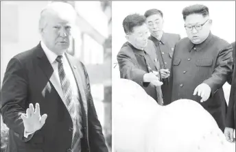  ?? KCNA via REUTERS ?? President Donald Trump (left). At right, North Korean leader Kim Jong Un provides guidance on a nuclear weapons program in this undated photo released by North Korea’s Korean Central News Agency (KCNA) in Pyongyang September 3, 2017.