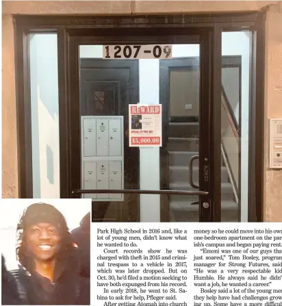  ?? TOP: TOM SCHUBA/SUN-TIMES; ABOVE: PROVIDED PHOTO ?? A flyer offering a $5,000 reward for informatio­n about the shooting that killed Emoni Atomah hangs on a door Thursday at St. Sabina Parish.