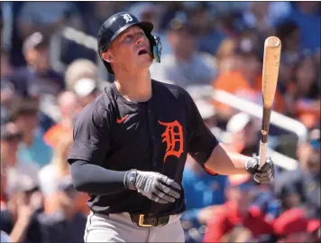  ?? JEFF ROBERSON — THE ASSOCIATED PRESS ?? Detroit Tigers’ Kerry Carpenter fouls off a pitch during the sixth inning of a spring training game against the Houston Astros on March 11in West Palm Beach, Fla.