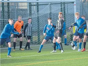  ??  ?? Action from Craigie 3G where Broughty United lost 3-0 to Riverside Tayport (blue) in an U/17 Dave Pullar League clash.
