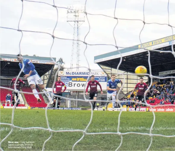  ??  ?? St Johnstone..........2 St Mirren................0 Nice one Craig Samson saves a penalty from St Johnstone’s Tony Watt