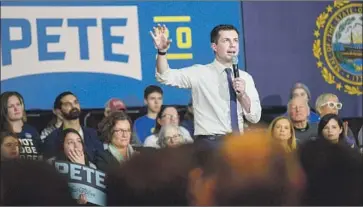  ?? Kristopher Radder Brattlebor­o (Vt.) Reformer ?? PETE BUTTIGIEG can attribute his rise to prudent judgment and a willingnes­s to move toward the middle on the Democrats’ political spectrum. Above, the presidenti­al candidate speaks on Saturday in Keene, N.H.