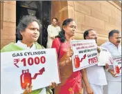  ?? PTI ?? Suspended Congress MPs Manickam Tagore, TN Prathapan, Jothimani and Ramya Haridas outside Parliament on Monday.